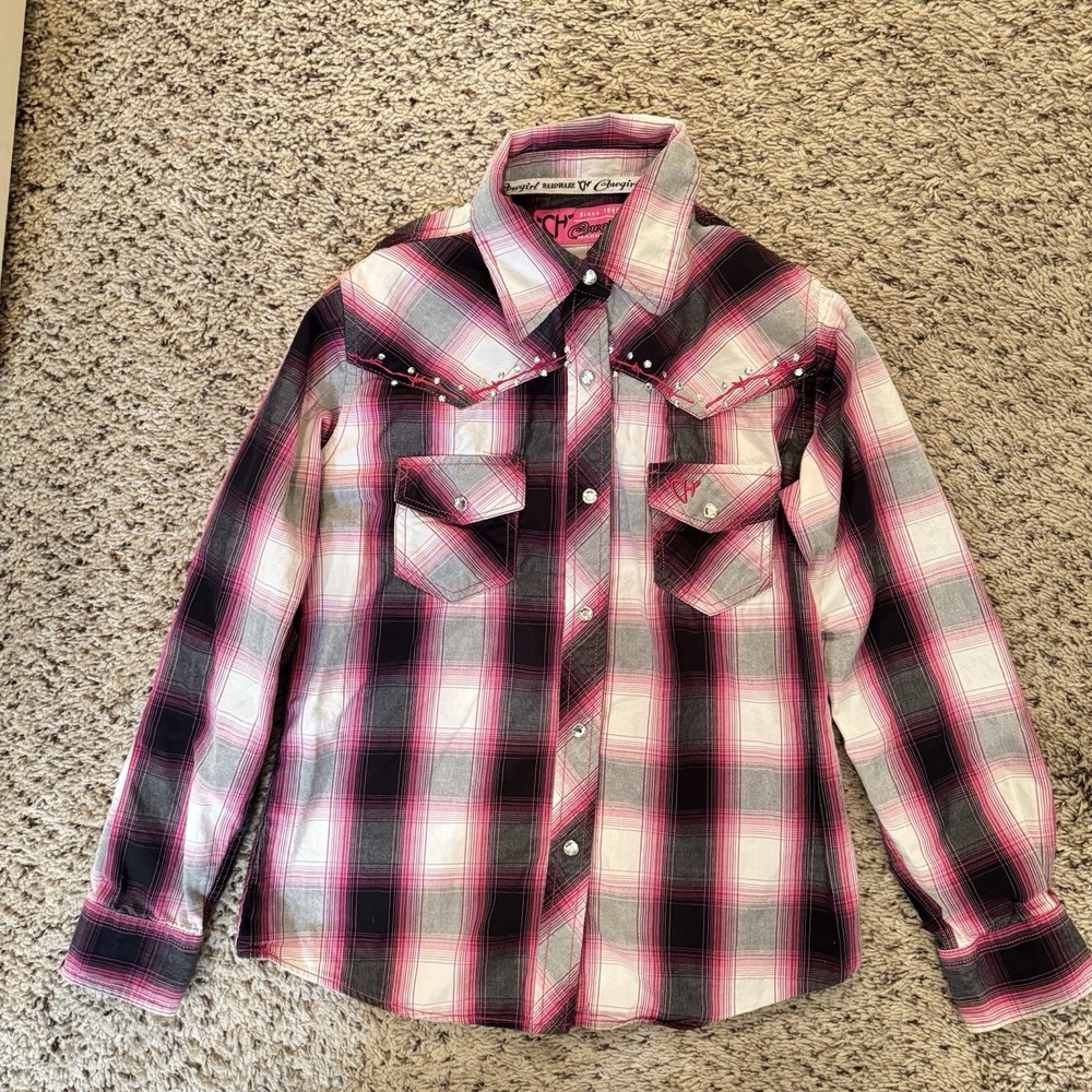 Cowgirl Hardware Girls M 7/8 Western Snap Shirt Pink Plaid Horse‎ Rhinestone - Picture 2 of 13